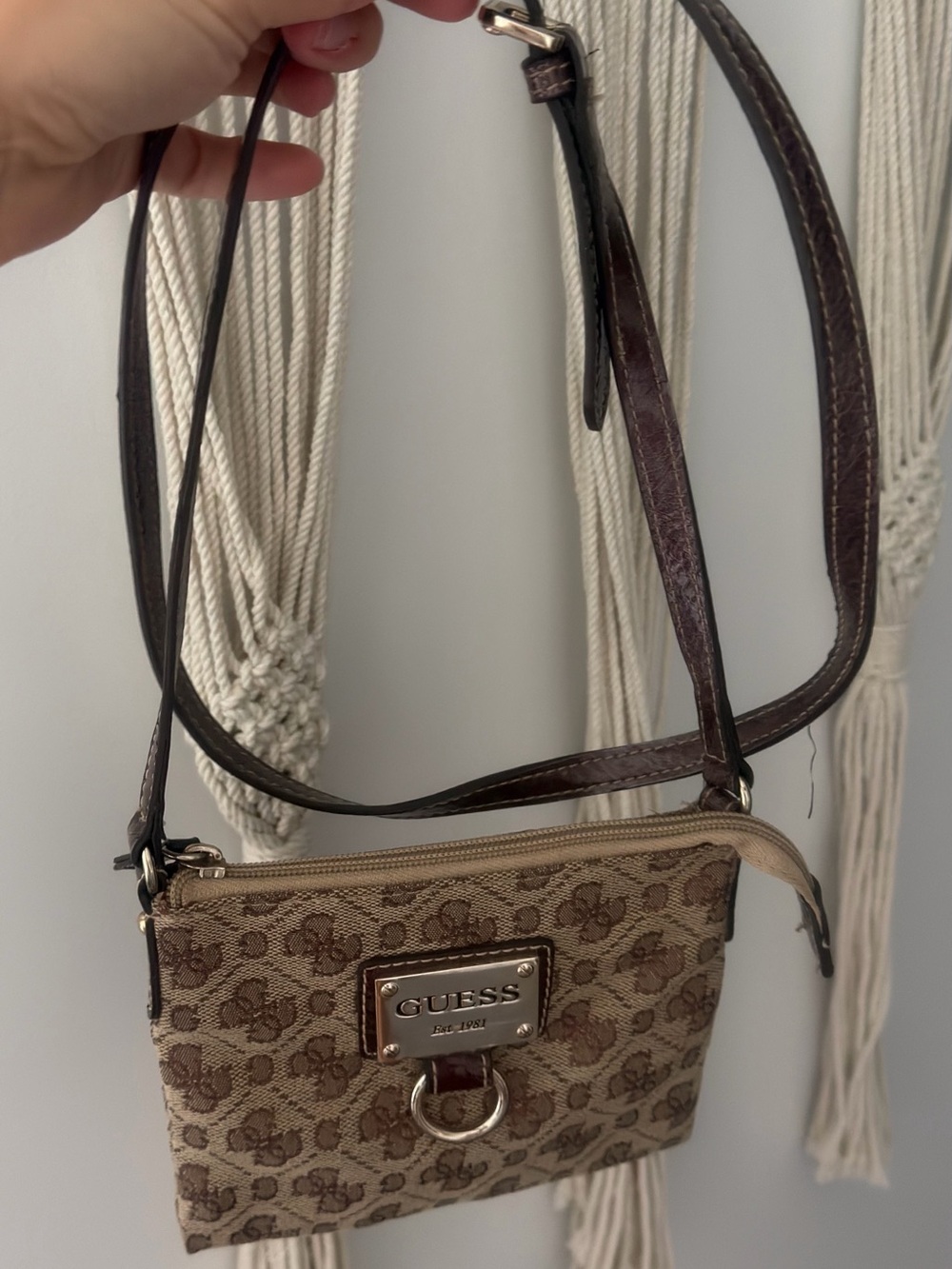 GUESS Tan and Brown Signature Logo Crossbody Bag